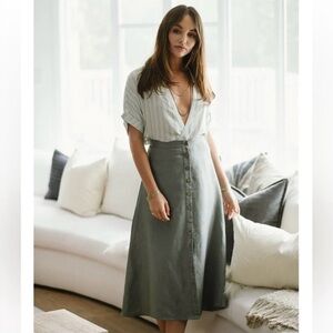 New Chaser Linen Blend Button Front Midi Skirt M Coastal